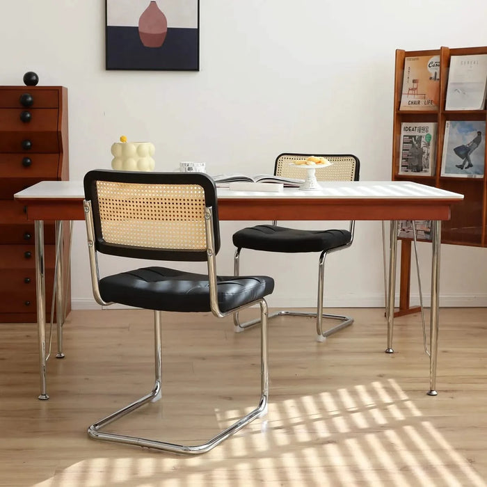 Dining Chairs Set of 2, Fauex Leather Rattan Side Accent Chairs with Chrome Legs, Modern Mid Century Breuer Designed Chairs, Upholstered Dining Living Room Kitchen Chairs (Black-2pcs) Default -DTYStore