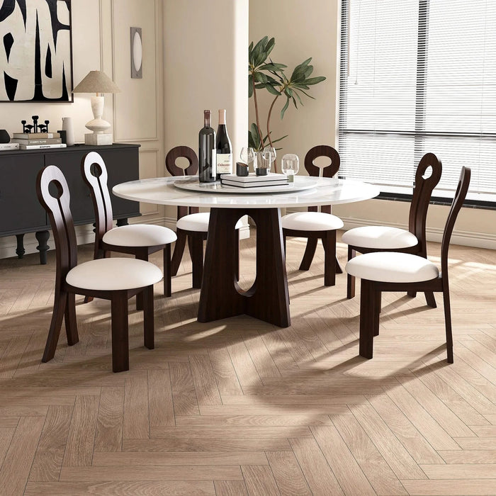 Dining Chairs Set of 2, Key-design Home Chairs, PU Leather Solid Wooden Dining Chairs with White Round Cushion for Kitchen Dining Room-Deep Walnut Brown Default -DTYStore