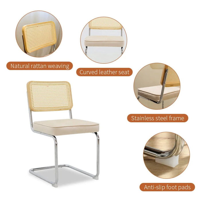 Dining Chairs Set of 2, Velvet Rattan Side Accent Chairs with Chrome Legs, Modern Mid Century Breuer Designed Chairs, Upholstered Dining Living Room Kitchen Chairs (Champagne-2pcs) Default -DTYStore