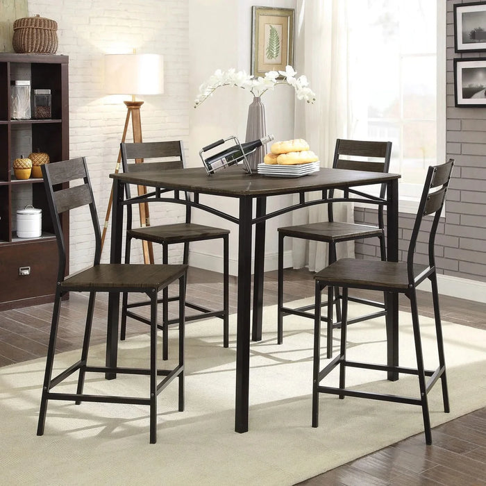 Dining Room Industrial Style Antique Brown 5pc Dining Set Counter Height Table 4x High Chairs Metal Default -DTYStore