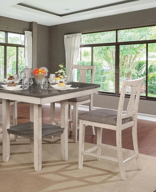 Dining Room Rustic Style Antique White 5pc Dining Set Counter Height Table w Shelf Unique High Chairs Furniture Default -DTYStore