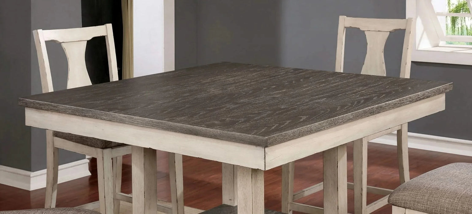 Dining Room Rustic Style Antique White 5pc Dining Set Counter Height Table w Shelf Unique High Chairs Furniture Default -DTYStore