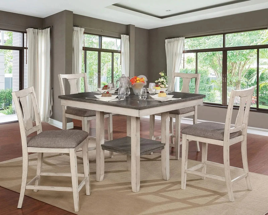 Dining Room Rustic Style Antique White 5pc Dining Set Counter Height Table w Shelf Unique High Chairs Furniture Default -DTYStore
