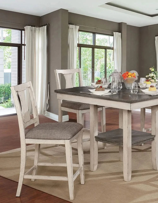 Dining Room Rustic Style Antique White 5pc Dining Set Counter Height Table w Shelf Unique High Chairs Furniture Default -DTYStore