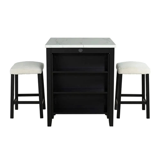 Dining Room Transitional 3pc Dining Set Gloss Table Top w Storage Shelves Side 2x Stools Black Ivory White Default -DTYStore