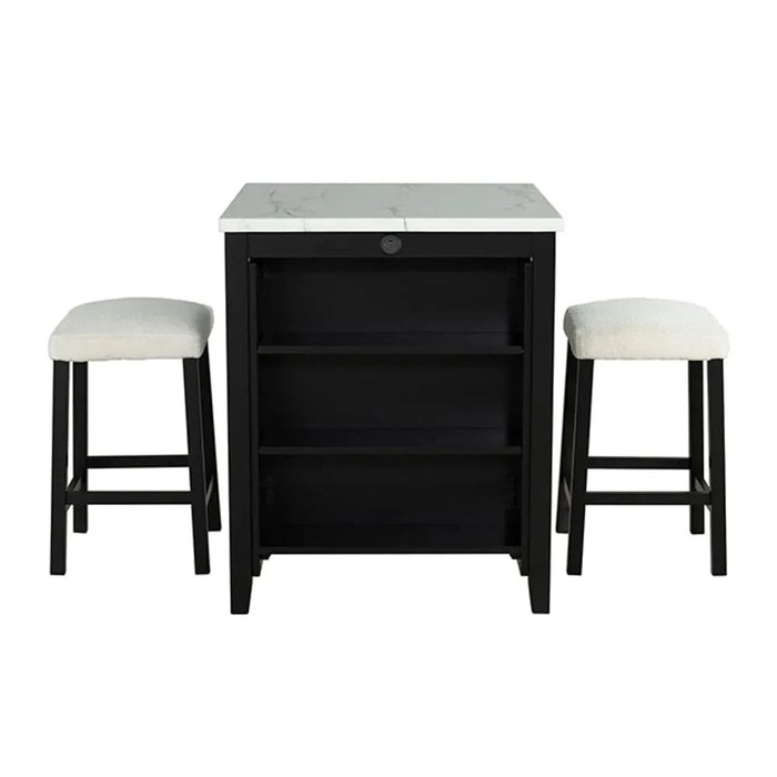 Dining Room Transitional 3pc Dining Set Gloss Table Top w Storage Shelves Side 2x Stools Black Ivory White Default -DTYStore