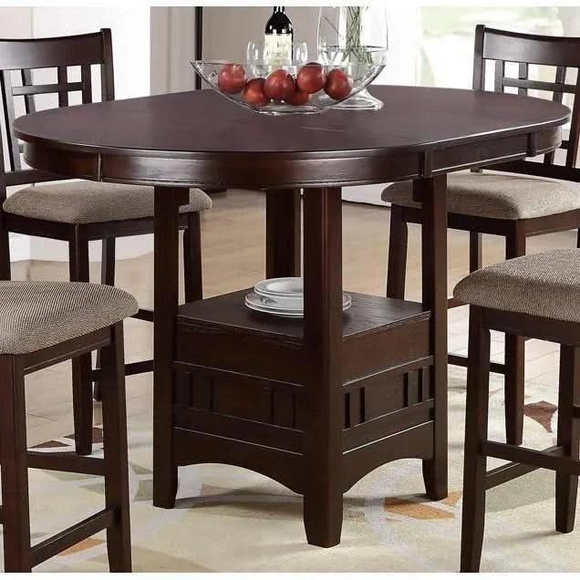 Dining Table Round Counter height Dining Table w Shelve 1pc Table Only Solid wood Dark Rosy Brown FInish Default -DTYStore