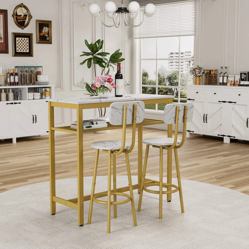 Dining Table Set with 2 Stools,3 Piece Counter Height for Kitchen, Living Room, Small Apartment Breakfast Table White Faux Marble Top Default -DTYStore