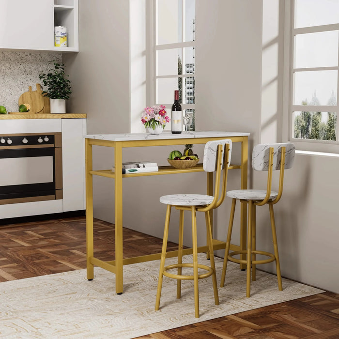 Dining Table Set with 2 Stools,3 Piece Counter Height for Kitchen, Living Room, Small Apartment Breakfast Table White Faux Marble Top Default -DTYStore