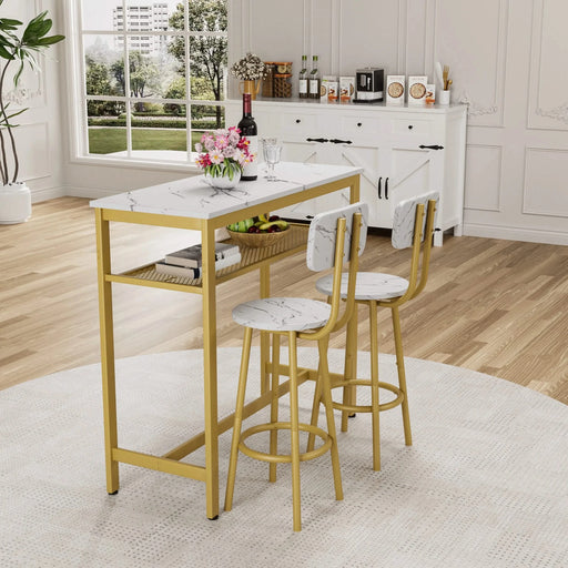 Dining Table Set with 2 Stools,3 Piece Counter Height for Kitchen, Living Room, Small Apartment Breakfast Table White Faux Marble Top Default -DTYStore