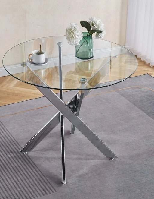 Dining Table with cross metal leg and tempered glass,Modern Space Saving Kitchen Table for Living Room,chrome legs Default -DTYStore