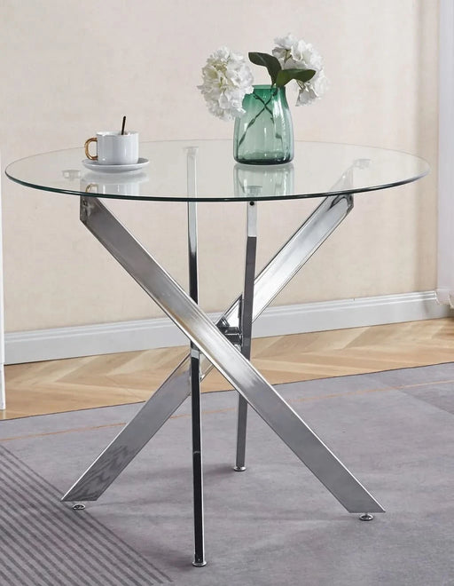 Dining Table with cross metal leg and tempered glass,Modern Space Saving Kitchen Table for Living Room,chrome legs Default -DTYStore