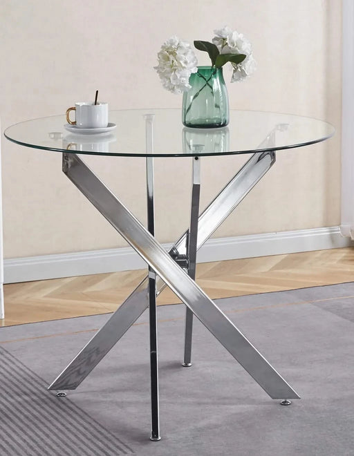 Dining Table with cross metal leg and tempered glass,Modern Space Saving Kitchen Table for Living Room,chrome legs Default -DTYStore