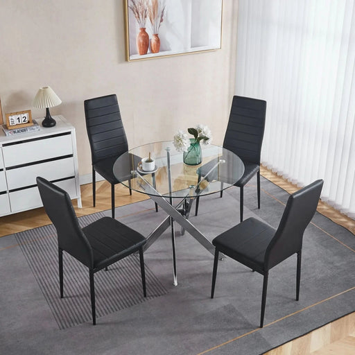 Dining Table with cross metal leg and tempered glass,Modern Space Saving Kitchen Table for Living Room,chrome legs Default -DTYStore