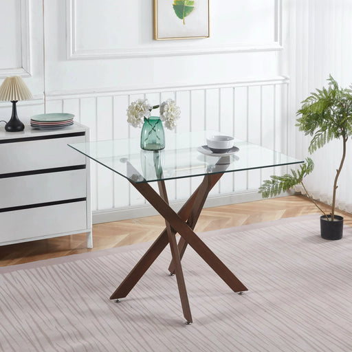 Dining Table with cross metal leg and tempered glass,Modern Space Saving Kitchen Table for Living Room,walnut color legsSquare table,90x90x75cm Default -DTYStore