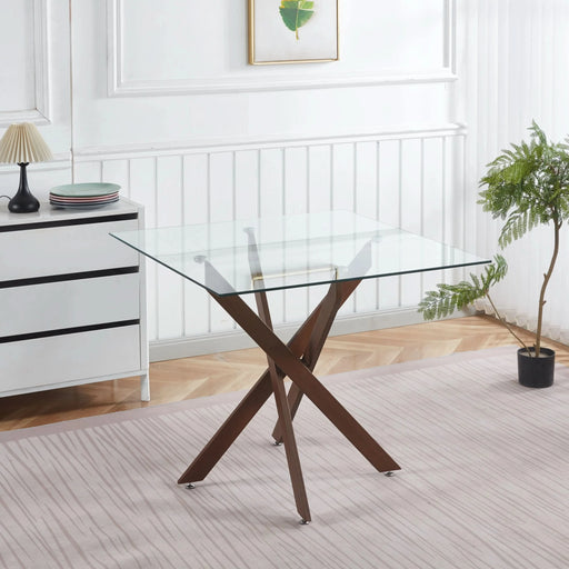 Dining Table with cross metal leg and tempered glass,Modern Space Saving Kitchen Table for Living Room,walnut color legsSquare table,90x90x75cm Default -DTYStore