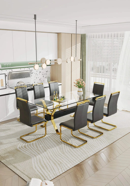 Dining table. Modern tempered glass dining table. Large modern office desk with gold plated metal legs and MDF crossbars, suitable for both home and office use. Kitchen. 79 ''x39''x30 '' 1105 Default -DTYStore