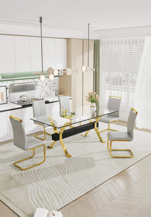 Dining table. Modern tempered glass dining table. Large modern office desk with gold plated metal legs and MDF crossbars, suitable for both home and office use. Kitchen. 79 ''x39''x30 '' 1105 Default -DTYStore