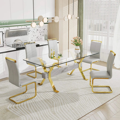 Dining table. Modern tempered glass dining table. Large modern office desk with gold plated metal legs and MDF crossbars, suitable for both home and office use. Kitchen. 79 ''x39''x30 '' 1105 Default -DTYStore