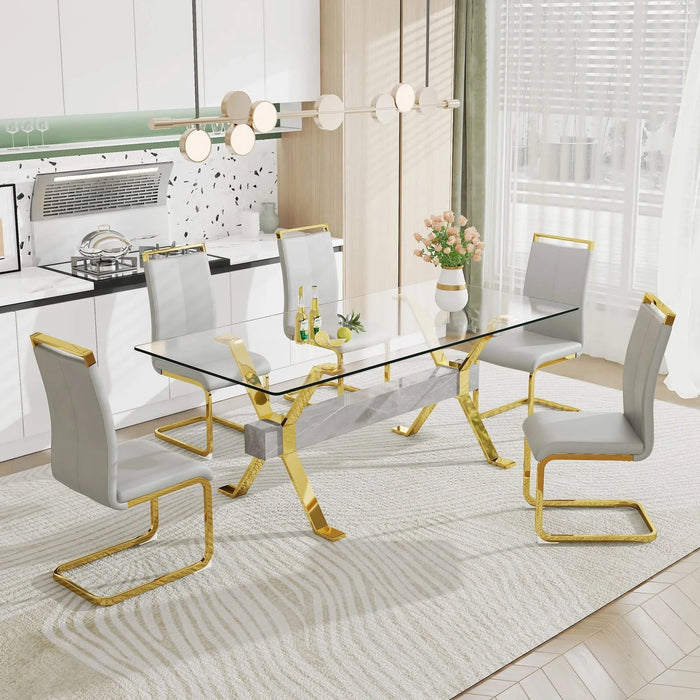 Dining table. Modern tempered glass dining table. Large modern office desk with gold plated metal legs and MDF crossbars, suitable for both home and office use. Kitchen. 79 ''x39''x30 '' 1105 Default -DTYStore