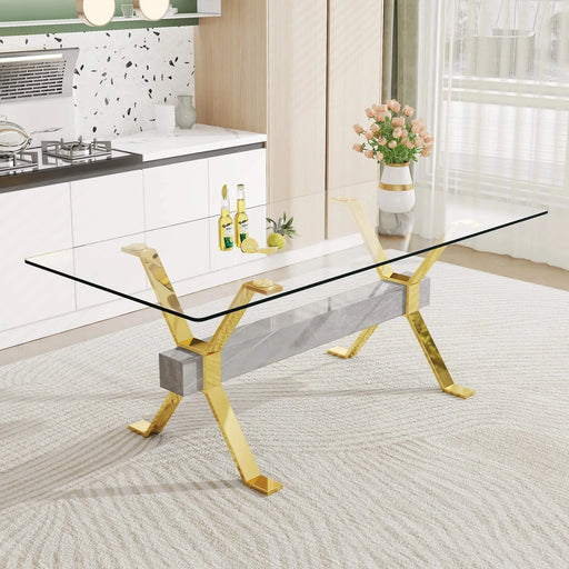 Dining table. Modern tempered glass dining table. Large modern office desk with gold plated metal legs and MDF crossbars, suitable for both home and office use. Kitchen. 79 ''x39''x30 '' 1105 Default -DTYStore
