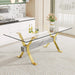 Dining table. Modern tempered glass dining table. Large modern office desk with gold plated metal legs and MDF crossbars, suitable for both home and office use. Kitchen. 79 ''x39''x30 '' 1105 Default -DTYStore