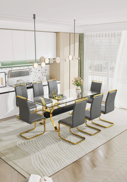 Dining table. Modern tempered glass dining table. Large modern office desk with gold plated metal legs and MDF crossbars, suitable for both home and office use. Kitchen. 79 ''x39''x30 '' 1105 Default -DTYStore