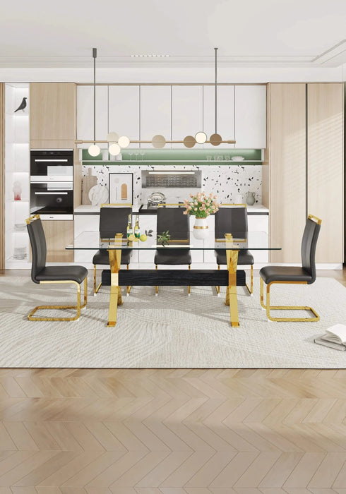 Dining table. Modern tempered glass dining table. Large modern office desk with gold plated metal legs and MDF crossbars, suitable for both home and office use. Kitchen. 79 ''x39''x30 '' 1105 Default -DTYStore