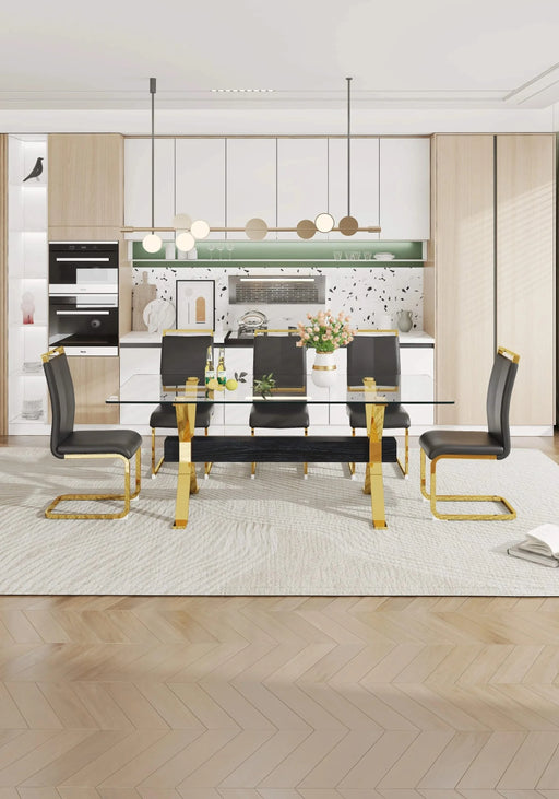 Dining table. Modern tempered glass dining table. Large modern office desk with gold plated metal legs and MDF crossbars, suitable for both home and office use. Kitchen. 79 ''x39''x30 '' 1105 Default -DTYStore