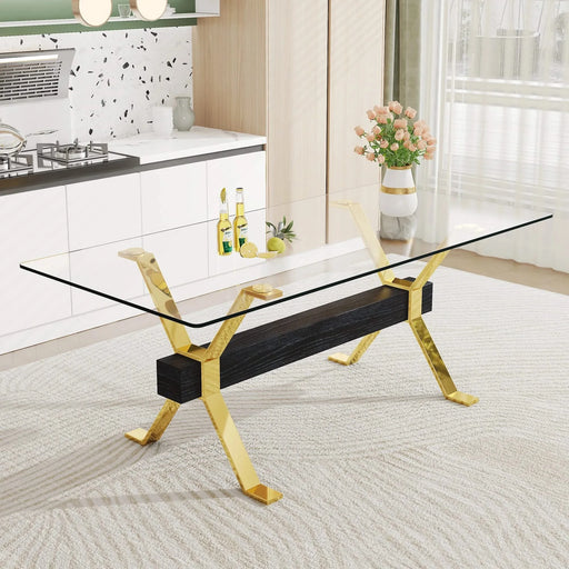 Dining table. Modern tempered glass dining table. Large modern office desk with gold plated metal legs and MDF crossbars, suitable for both home and office use. Kitchen. 79 ''x39''x30 '' 1105 Default -DTYStore