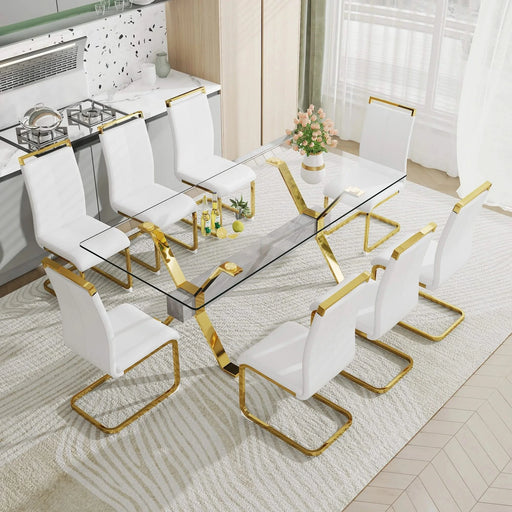 Dining table. Modern tempered glass dining table. Large modern office desk with gold plated metal legs and MDF crossbars, suitable for both home and office use. Kitchen. 79 ''x39''x30 '' 1105 Default -DTYStore