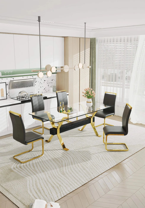 Dining table. Modern tempered glass dining table. Large modern office desk with gold plated metal legs and MDF crossbars, suitable for both home and office use. Kitchen. 79 ''x39''x30 '' 1105 Default -DTYStore