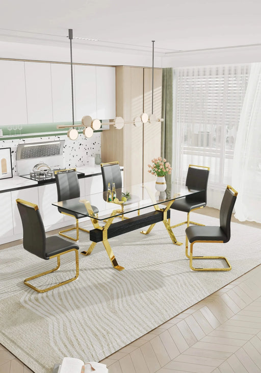 Dining table. Modern tempered glass dining table. Large modern office desk with gold plated metal legs and MDF crossbars, suitable for both home and office use. Kitchen. 79 ''x39''x30 '' 1105 Default -DTYStore