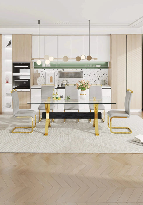 Dining table. Modern tempered glass dining table. Large modern office desk with gold plated metal legs and MDF crossbars, suitable for both home and office use. Kitchen. 79 ''x39''x30 '' 1105 Default -DTYStore