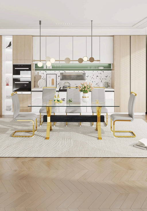 Dining table. Modern tempered glass dining table. Large modern office desk with gold plated metal legs and MDF crossbars, suitable for both home and office use. Kitchen. 79 ''x39''x30 '' 1105 Default -DTYStore