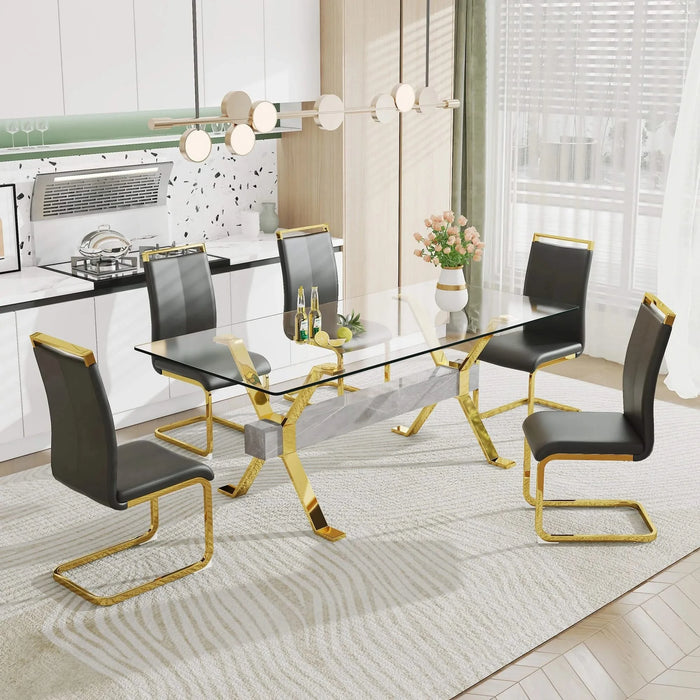 Dining table. Modern tempered glass dining table. Large modern office desk with gold plated metal legs and MDF crossbars, suitable for both home and office use. Kitchen. 79 ''x39''x30 '' 1105 Default -DTYStore