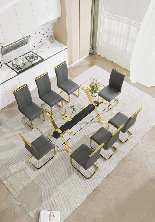 Dining table. Modern tempered glass dining table. Large modern office desk with gold plated metal legs and MDF crossbars, suitable for both home and office use. Kitchen. 79 ''x39''x30 '' 1105 Default -DTYStore