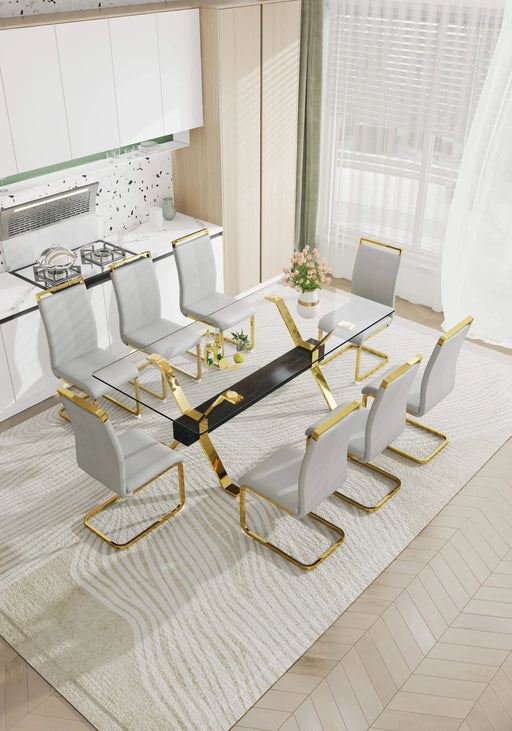 Dining table. Modern tempered glass dining table. Large modern office desk with gold plated metal legs and MDF crossbars, suitable for both home and office use. Kitchen. 79 ''x39''x30 '' 1105 Default -DTYStore