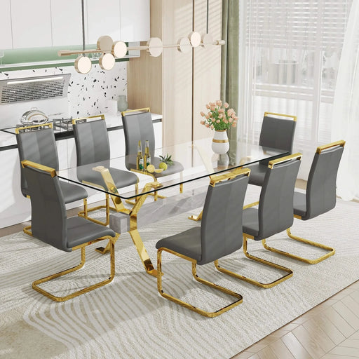 Dining table. Modern tempered glass dining table. Large modern office desk with gold plated metal legs and MDF crossbars, suitable for both home and office use. Kitchen. 79 ''x39''x30 '' 1105 Default -DTYStore