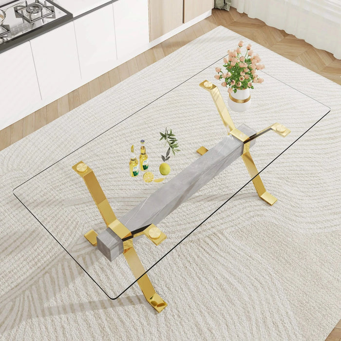 Dining table. Modern tempered glass dining table. Large modern office desk with gold plated metal legs and MDF crossbars, suitable for both home and office use. Kitchen. 79 ''x39''x30 '' 1105 Default -DTYStore