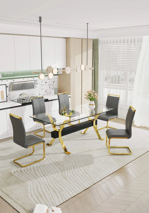Dining table. Modern tempered glass dining table. Large modern office desk with gold plated metal legs and MDF crossbars, suitable for both home and office use. Kitchen. 79 ''x39''x30 '' 1105 Default -DTYStore