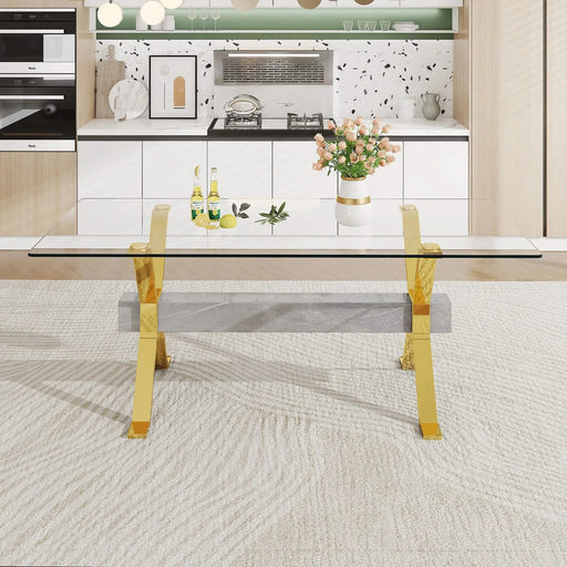 Dining table. Modern tempered glass dining table. Large modern office desk with gold plated metal legs and MDF crossbars, suitable for both home and office use. Kitchen. 79 ''x39''x30 '' 1105 Default -DTYStore