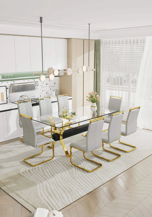 Dining table. Modern tempered glass dining table. Large modern office desk with gold plated metal legs and MDF crossbars, suitable for both home and office use. Kitchen. 79 ''x39''x30 '' 1105 Default -DTYStore