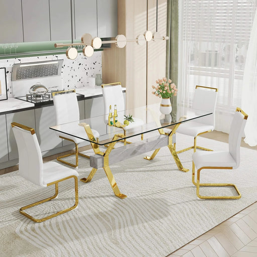 Dining table. Modern tempered glass dining table. Large modern office desk with gold plated metal legs and MDF crossbars, suitable for both home and office use. Kitchen. 79 ''x39''x30 '' 1105 Default -DTYStore