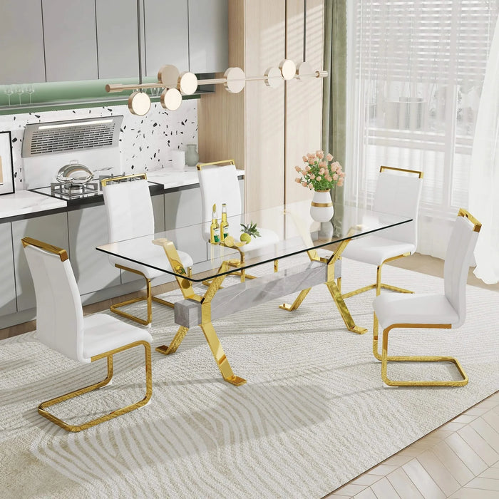 Dining table. Modern tempered glass dining table. Large modern office desk with gold plated metal legs and MDF crossbars, suitable for both home and office use. Kitchen. 79 ''x39''x30 '' 1105 Default -DTYStore