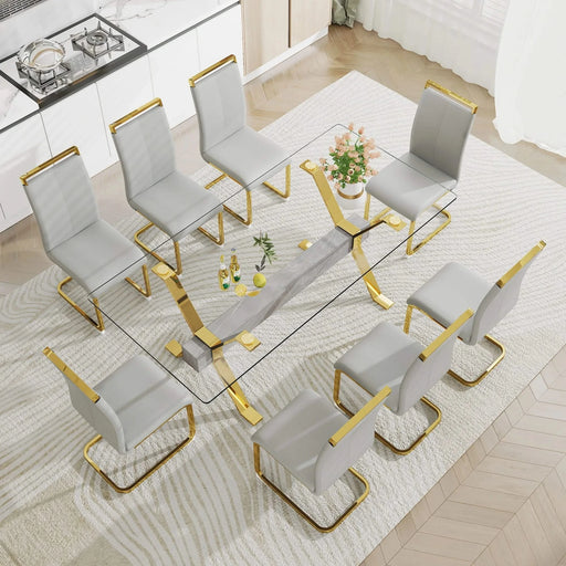 Dining table. Modern tempered glass dining table. Large modern office desk with gold plated metal legs and MDF crossbars, suitable for both home and office use. Kitchen. 79 ''x39''x30 '' 1105 Default -DTYStore
