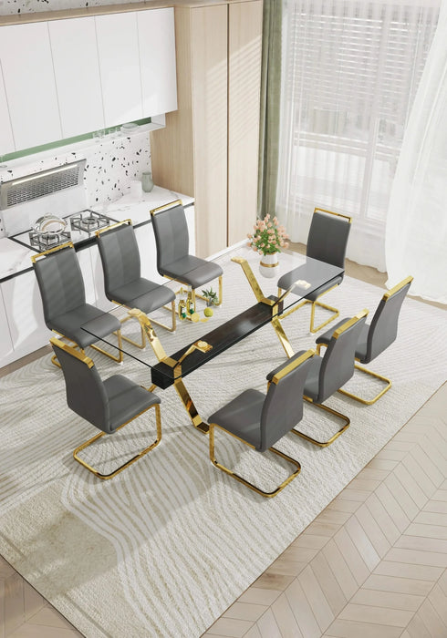 Dining table. Modern tempered glass dining table. Large modern office desk with gold plated metal legs and MDF crossbars, suitable for both home and office use. Kitchen. 79 ''x39''x30 '' 1105 Default -DTYStore