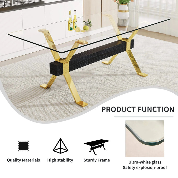 Dining table. Modern tempered glass dining table. Large modern office desk with gold plated metal legs and MDF crossbars, suitable for both home and office use. Kitchen. 79 ''x39''x30 '' 1105 Default -DTYStore