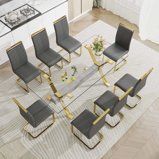 Dining table. Modern tempered glass dining table. Large modern office desk with gold plated metal legs and MDF crossbars, suitable for both home and office use. Kitchen. 79 ''x39''x30 '' 1105 Default -DTYStore