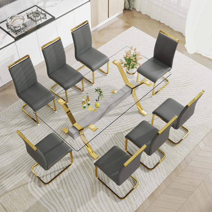 Dining table. Modern tempered glass dining table. Large modern office desk with gold plated metal legs and MDF crossbars, suitable for both home and office use. Kitchen. 79 ''x39''x30 '' 1105 Default -DTYStore